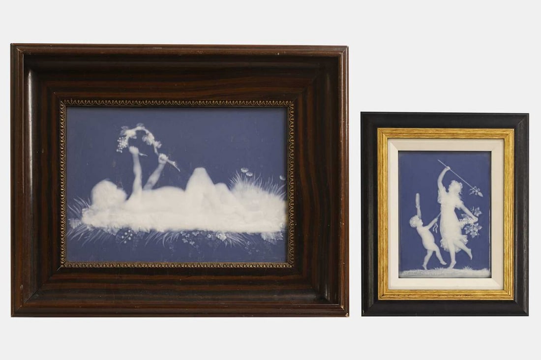 Two Limoges pâte-sur-pâte plaques, late 19th/early 20th century, French,: Two Limoges pâte-sur-pâte plaques, late 19th/early 20th century, French, comprising a large example of a reclining putto, inscribed 'Madeline Limoges', with a smaller example of dancing figu