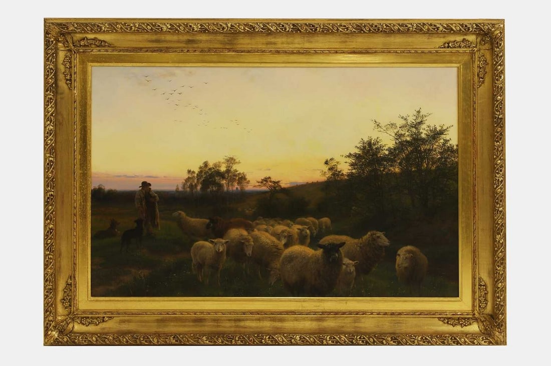 Henry William Banks Davis RA (British, 1833-1914) A shepherd tending his flock at sunset (1 of 2)