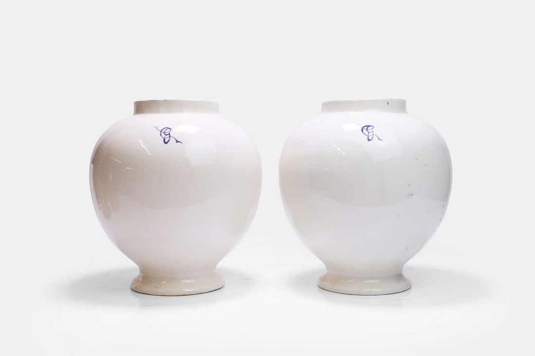 A pair of tin-glazed earthenware jars, 20th century, Italian, (1 of 3)