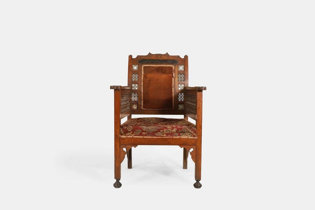 A Damascus-style walnut and fruitwood armchair, c.1900, (1 of 4)