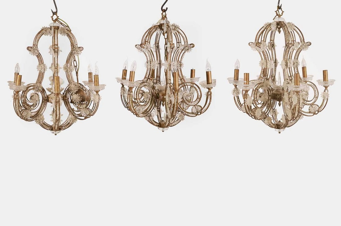 Three rococo-style gilt-metal and glass chandeliers, early 20th century, Continental, (1 of 4)