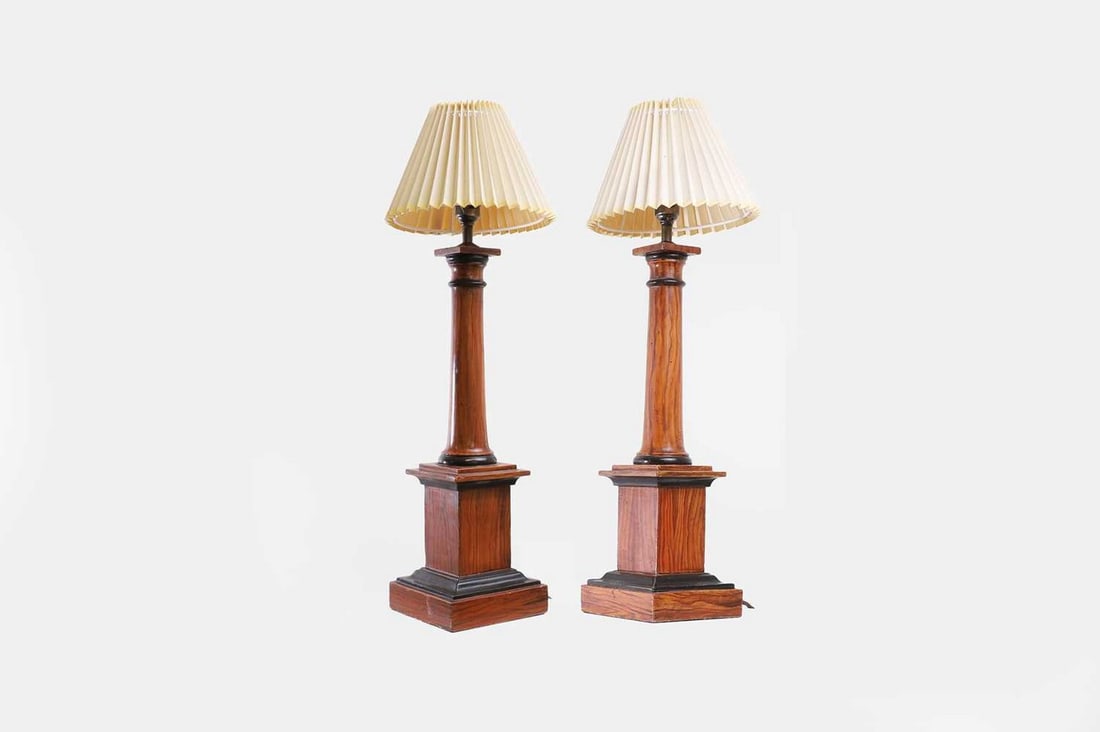 A pair of scumbled wooden table lamps, 20th century, (1 of 3)