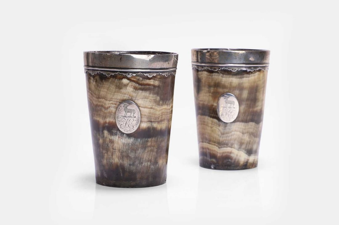 A pair of Scottish provincial silver-mounted horn beakers, early 19th century, (1 of 4)