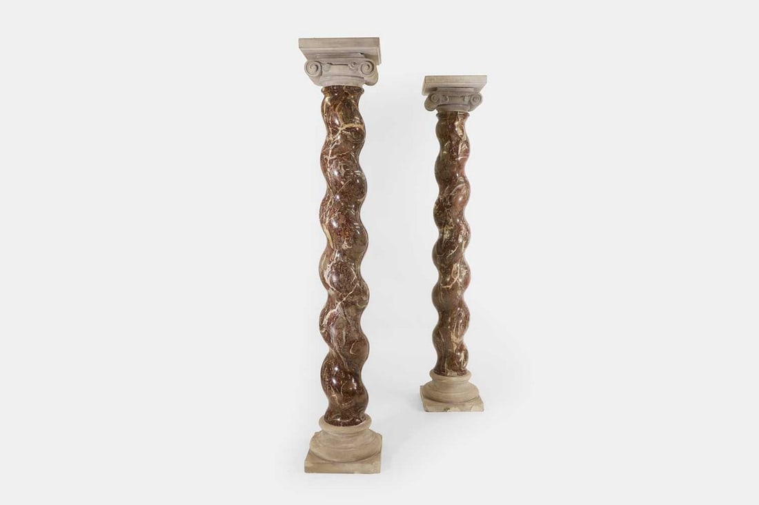 A pair of carved red marble Solomonic columns, possibly 17th or 18th century, Italian, (1 of 5)