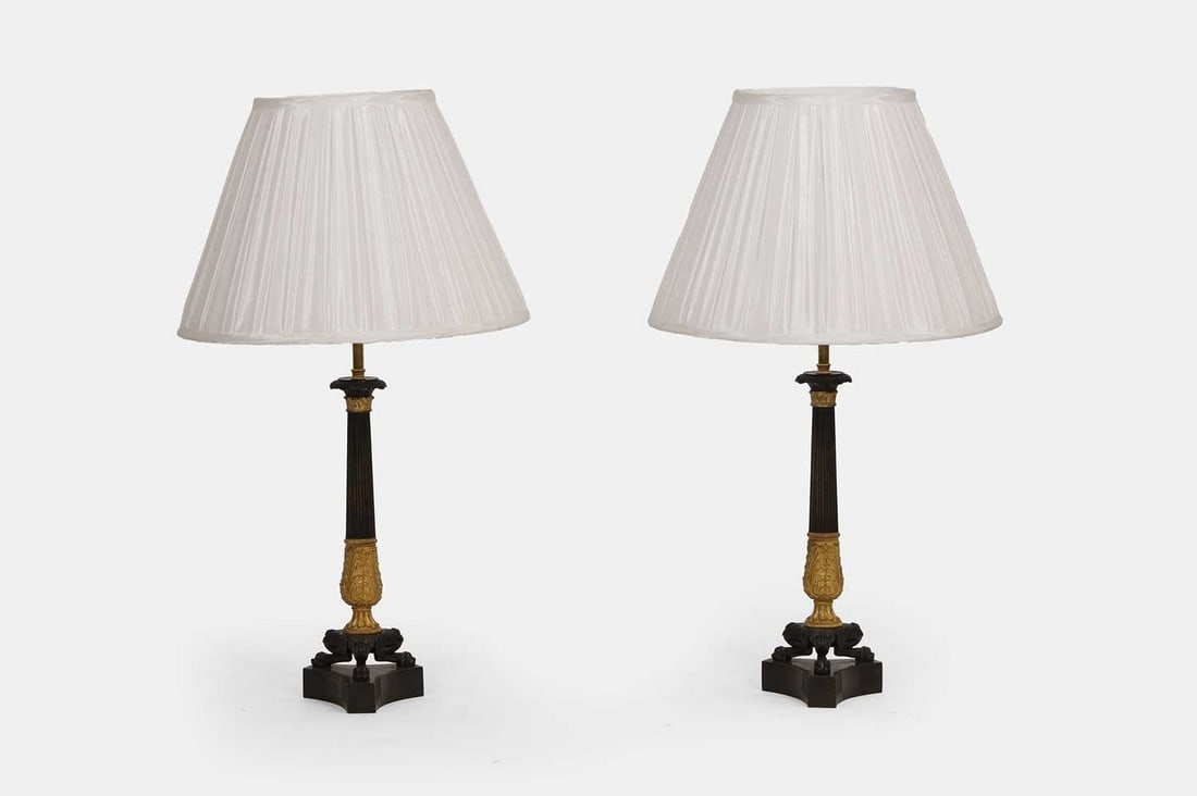 A pair of patinated and gilt-bronze candlestick lamps, early/mid-19th century, French, (1 of 1)