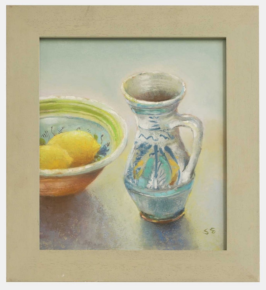 ▲ Shân Egerton (British, 1948-2023) 'Romanian Jug and Dish': ▲ Shân Egerton (British, 1948-2023) 'Romanian Jug and Dish' signed with initials l.r., pastel (31.5 x 26.5cm; framed 41 x 36cm) Provenance: A private collection, Abingdon Mansions, Kensingt
