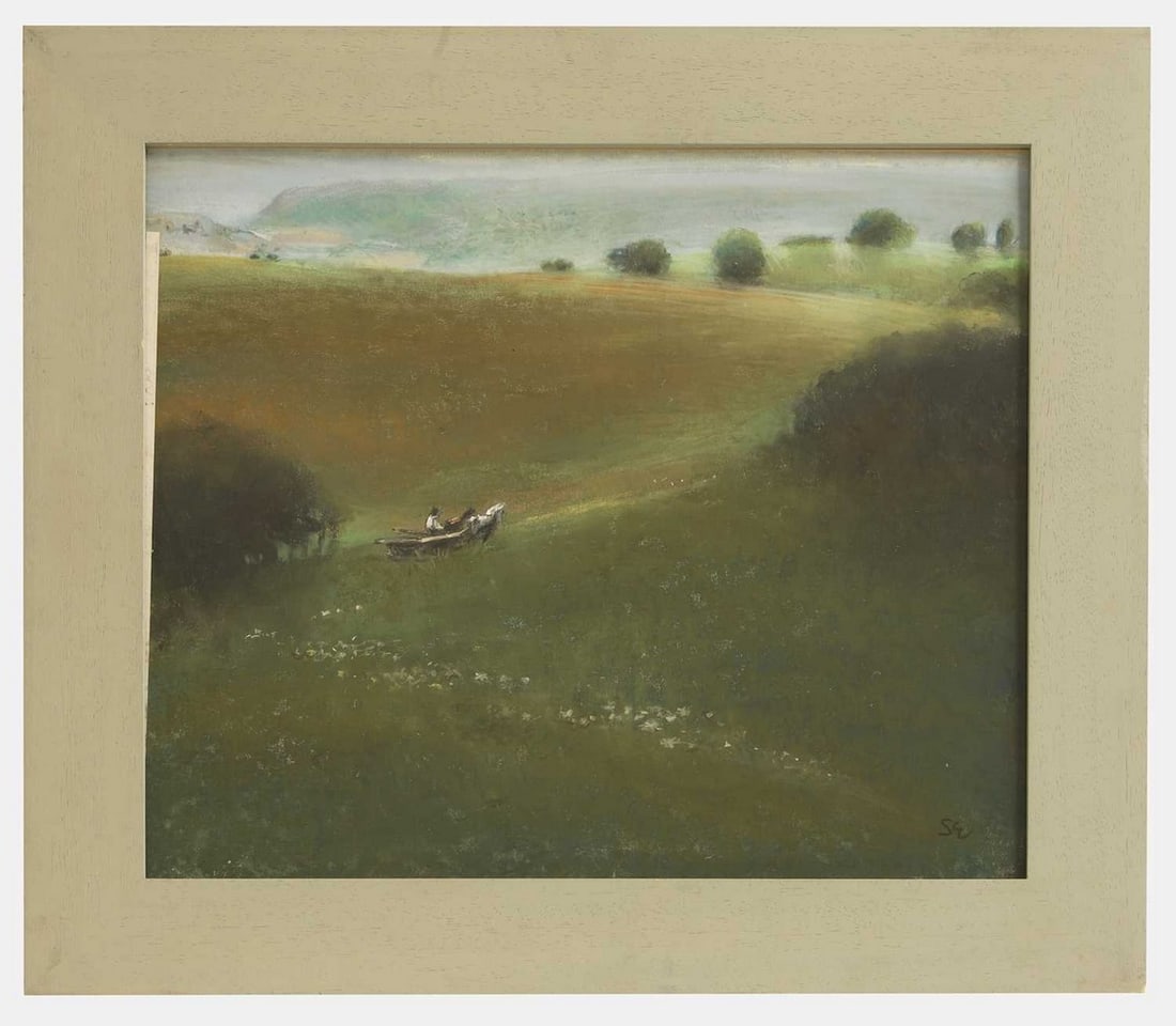 ▲ Shân Egerton (British, 1948-2023) An open landscape with figure, horses and cart (1 of 2)