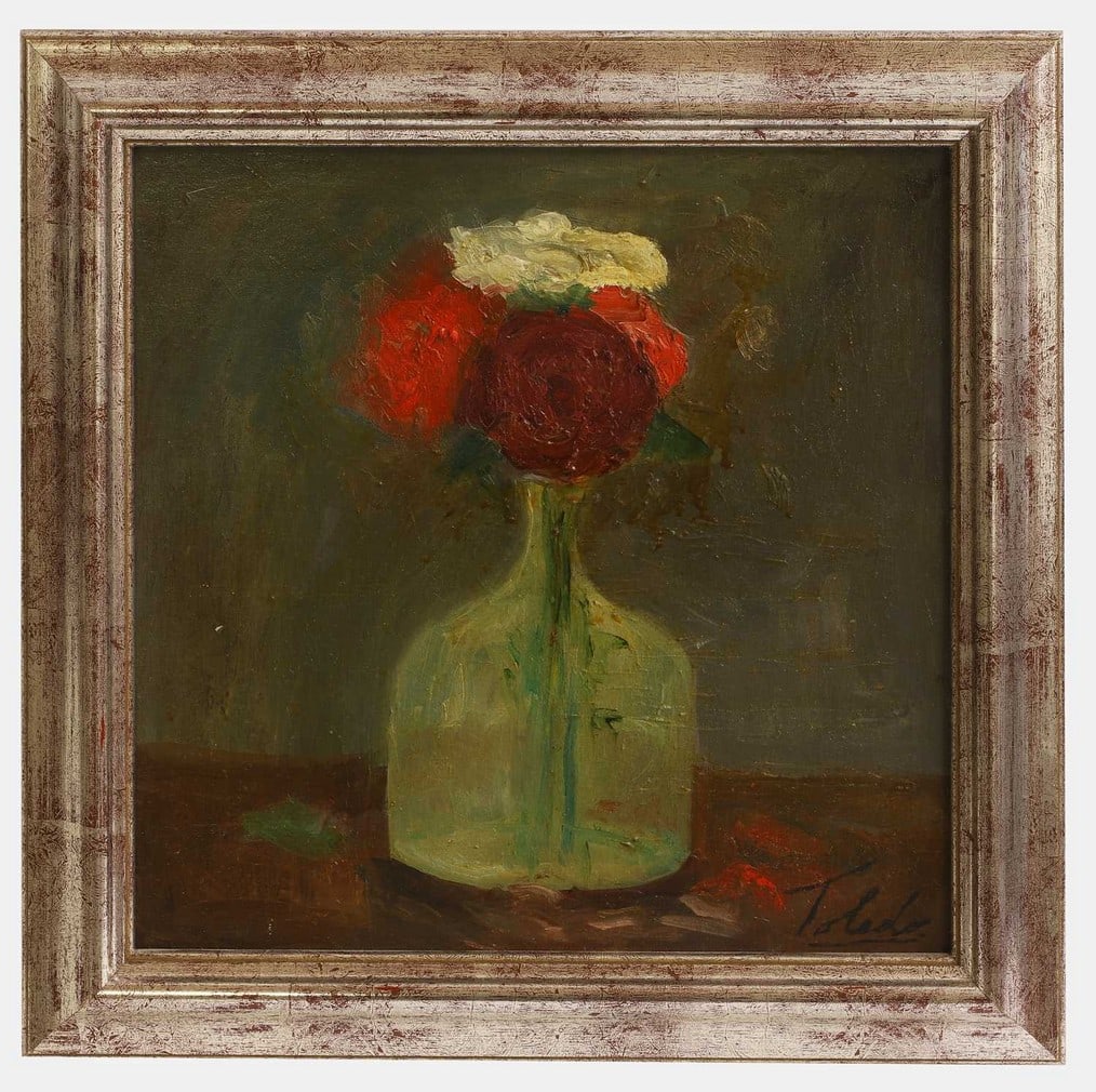 ... Toledo (contemporary) A vase of flowers: ... Toledo (contemporary) A vase of flowers signed 'Toledo' l.r., also signed and dated '2012' verso, oil on canvas board (30 x 30cm; framed 37 x 37cm) Provenance: A private collection, Abingdon Mansi