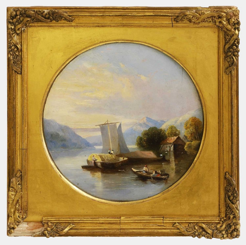 Frank N Smith (British, 19th century) Boats moored on the banks of a lake (1 of 2)