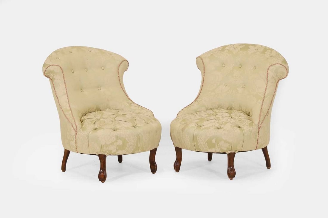 A pair of small button-upholstered boudoir chairs, late 19th century, (1 of 4)