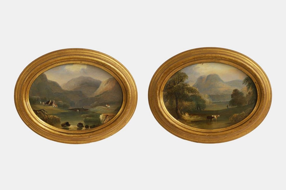 19th Century School A pair of mountain landscapes: 19th Century School A pair of mountain landscapes oil on canvas, oval (13 x 18cm; framed 17.5 x 22cm) (2) Provenance: A private collection, Abingdon Mansions, Kensington, London W8. Condition Report: