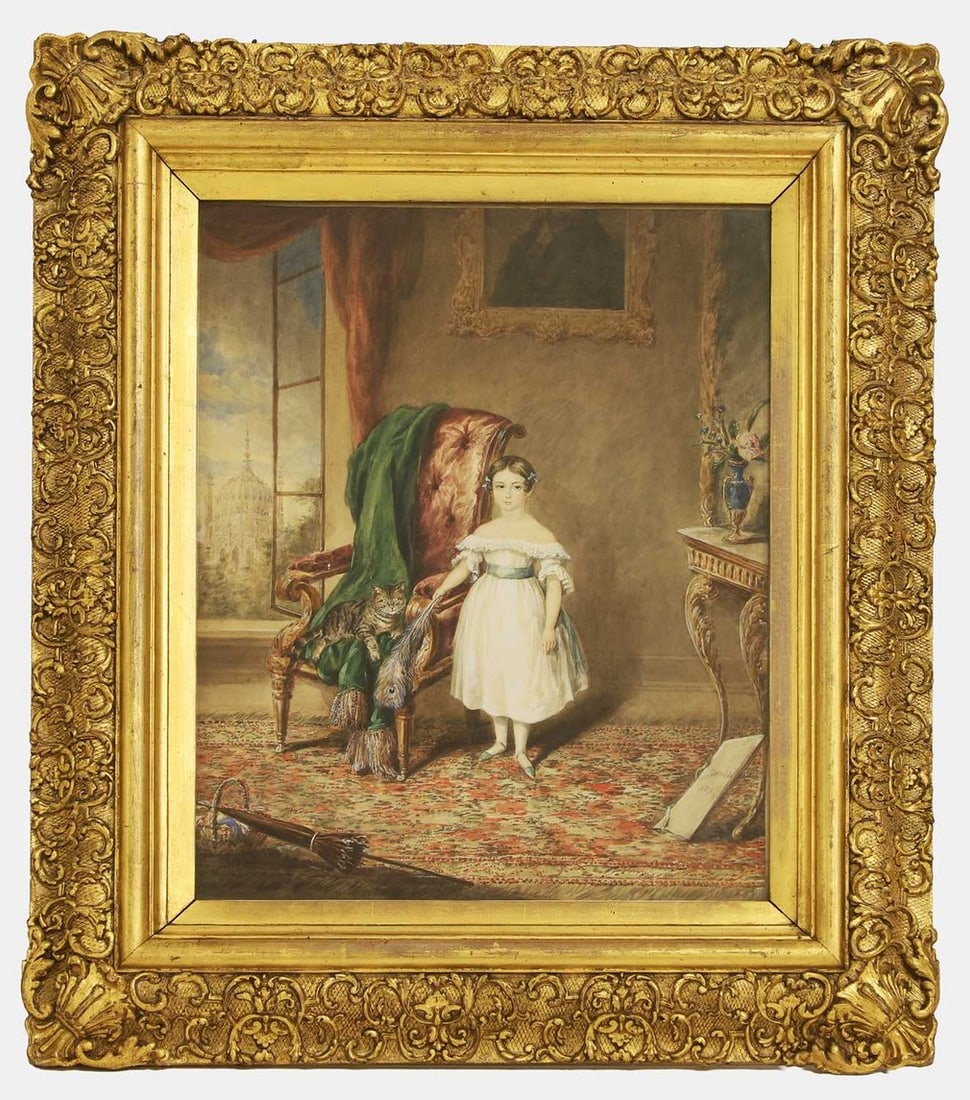 James Warren Childe (British, 1778-1862) Portrait of a girl in an interior with her pet cat (1 of 2)