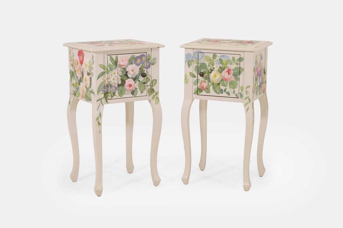 ▲ Michael Dillon (Irish, b.1957), a pair of painted wooden bedside tables, (1 of 4)