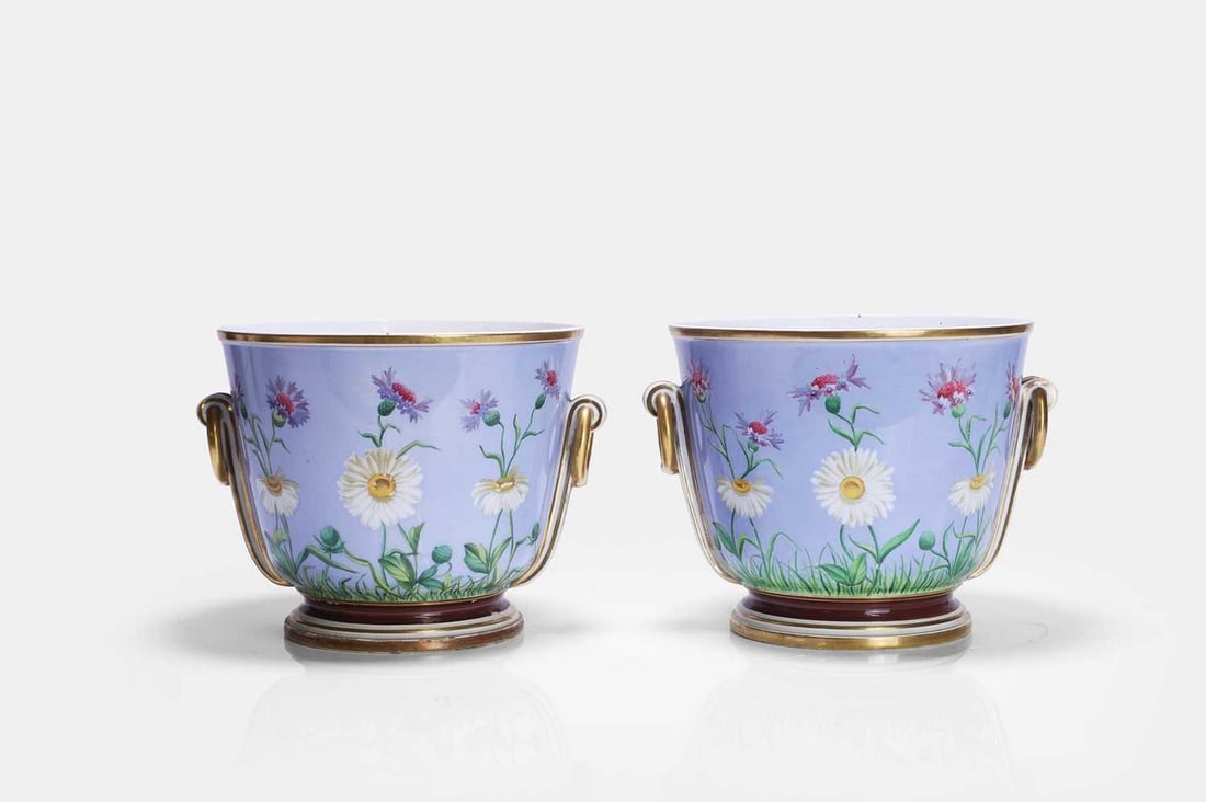 A pair of Minton painted porcelain cachepots, second half of the 19th century, (1 of 3)