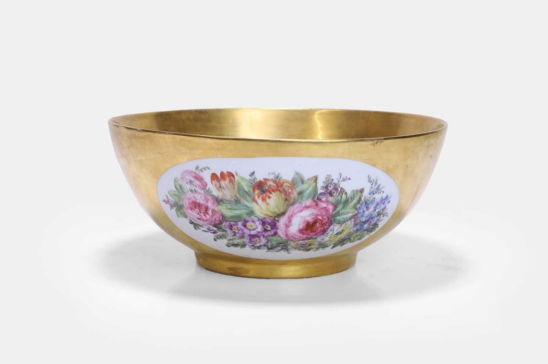 A large gilt porcelain punchbowl, 19th century, (1 of 5)