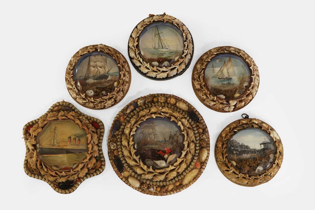 A set of six shellwork pictures, first quarter of the 20th century, (1 of 2)