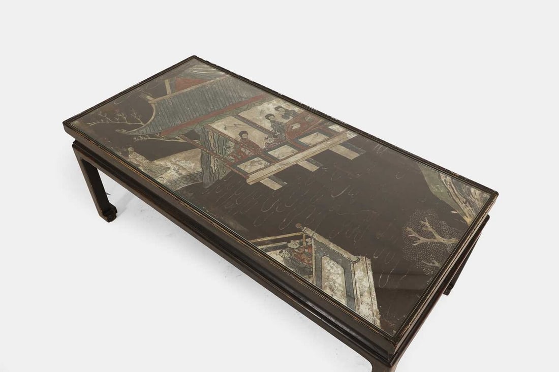 A chinoiserie black lacquer and painted wooden coffee table, 20th century, (1 of 4)