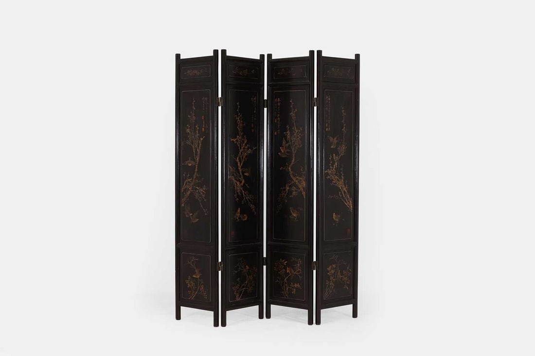 An export black-lacquered bamboo screen, 20th century, (1 of 5)