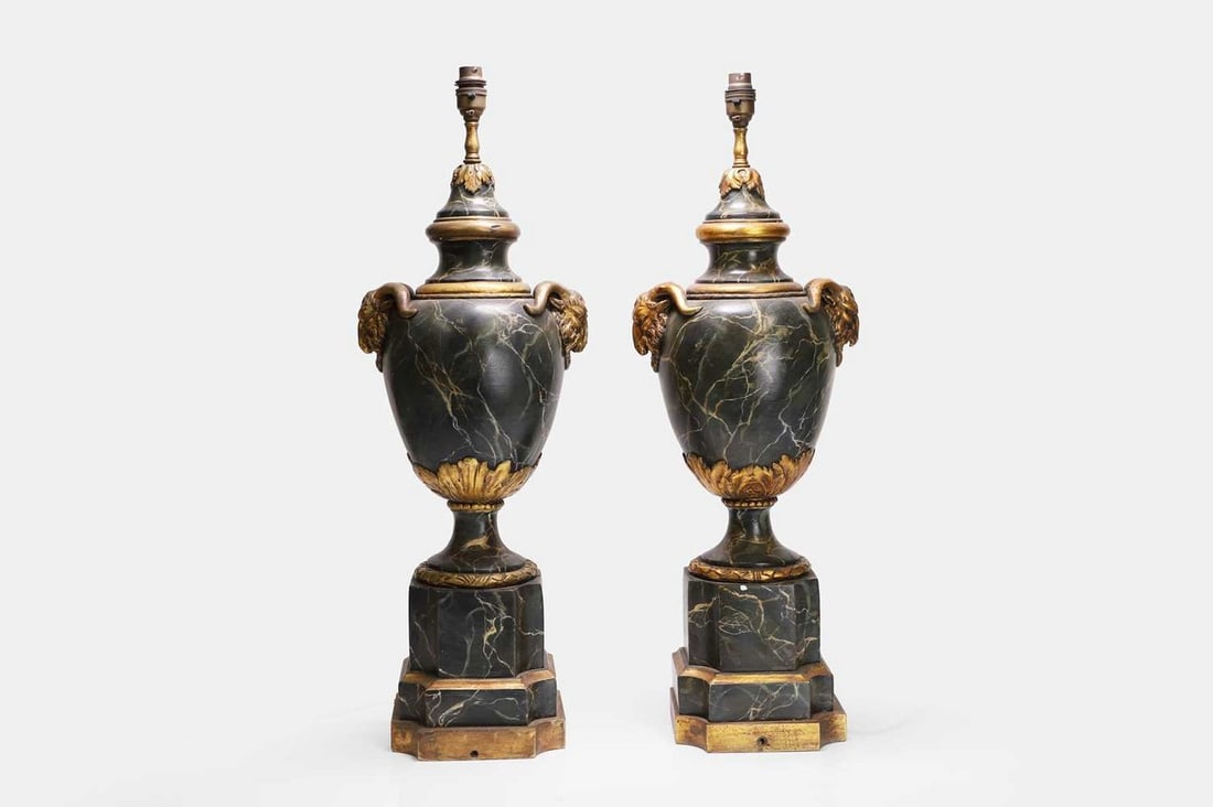 A pair of verde antico imitation marble table lamps, c.1940s, (1 of 4)