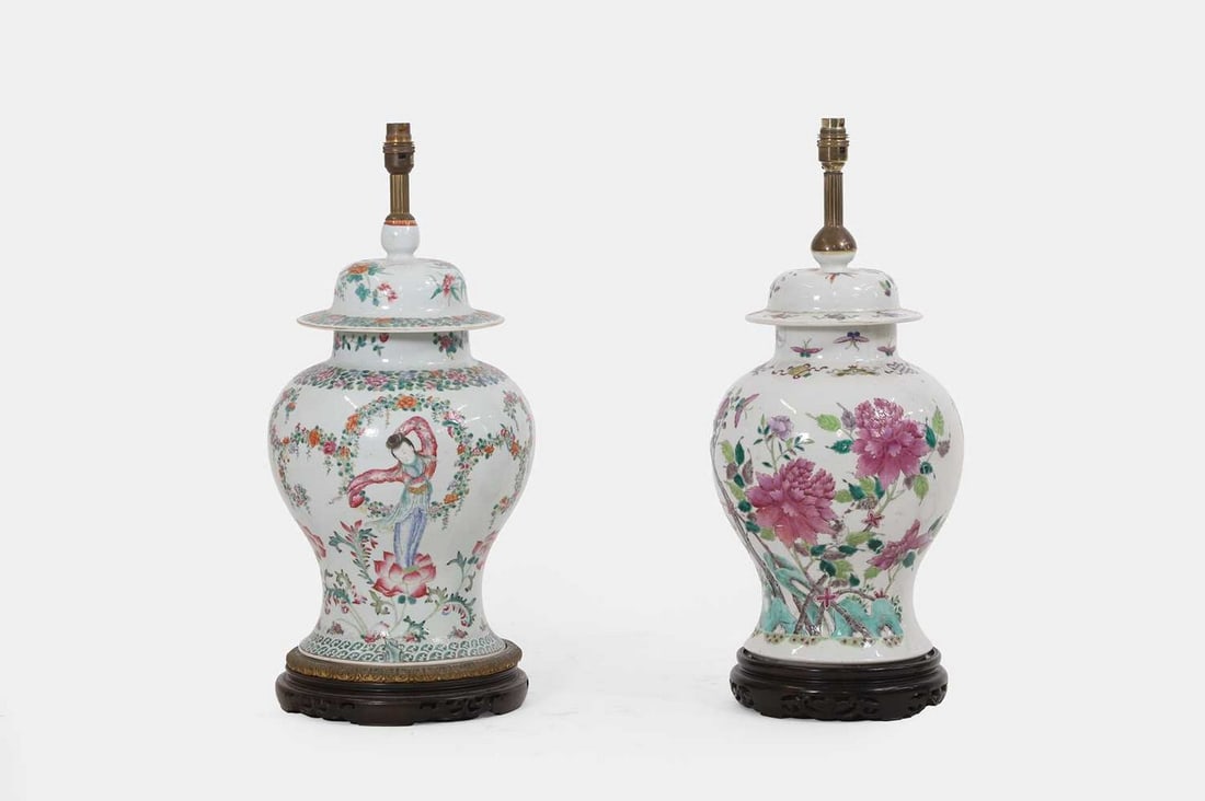 Two export porcelain famille rose vase lamps, 19th century, Chinese, (1 of 3)
