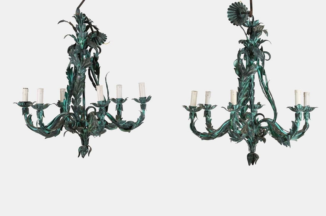 A pair of painted toleware six-light chandeliers, of recent manufacture, (1 of 5)
