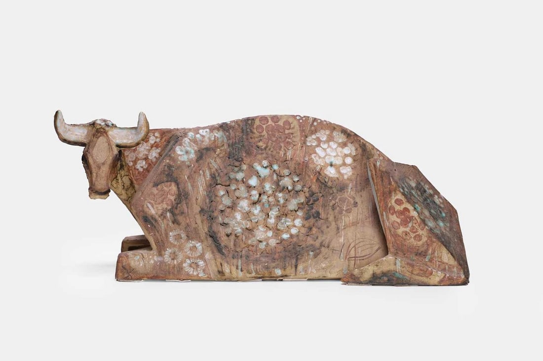 A folk art terracotta cow, 20th century, Continental, (1 of 3)