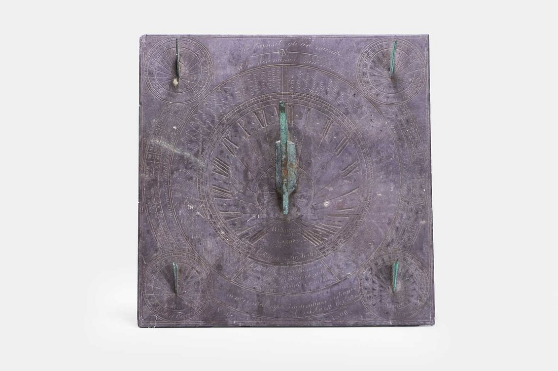 A Victorian slate sundial by Richard Melvin, London, dated 1860,: A Victorian slate sundial by Richard Melvin, London, dated 1860, of multi-dial form, with pointed gnomons (35.5cm square, 20cm high) Condition Report: Wear and weathering throughout. General surface w