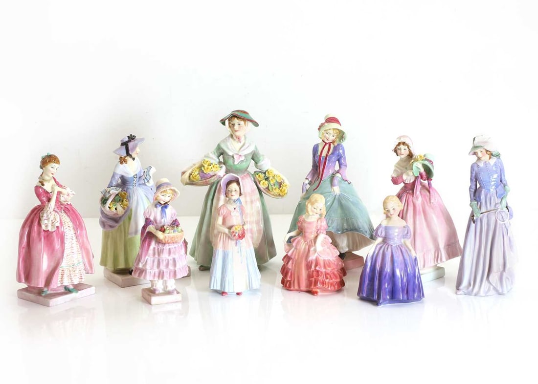 A collection of ten Royal Doulton figures, 20th century,: A collection of ten Royal Doulton figures, 20th century, 'Greta', 'Camilla', 'Daffy-Down-Dilly', 'Pantalettes', 'The New Bonnet', 'Marie', 'Diana', 'Maureen', 'Springflowers', 'Rose', with printed