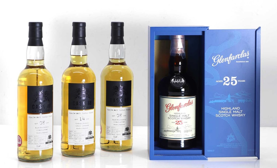 Glenfarclas - 25 years old,: Glenfarclas - 25 years old, Highland Single Malt Scotch Whisky, together with assorted other Highland whiskies (4 bottles in total)Shipping Disclaimer: Please note we cannot guarantee condition of