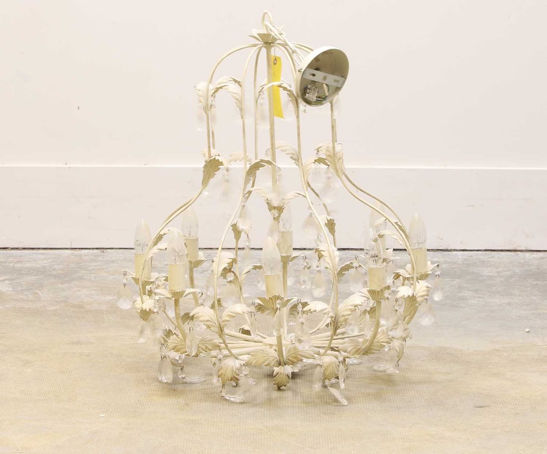 A cream painted chandelier, of modern manufacture,: A cream painted chandelier, of modern manufacture, with eight lights, with glass drops 60cm diameter, 90cm high approx. Condition Report: Fair overall. We cannot guarantee the full working order