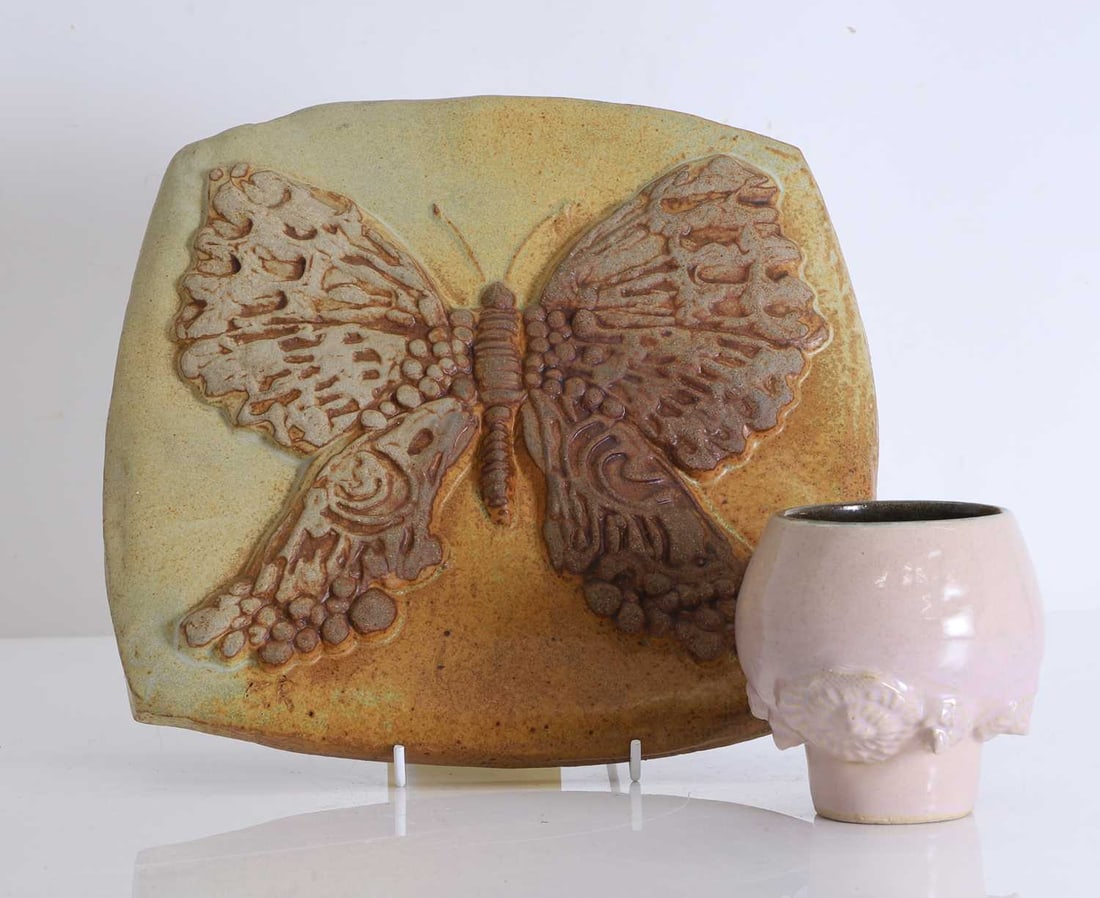 Two Bernard Rooke ceramics, 1980s,: Two Bernard Rooke ceramics, 1980s, to include a stoneware circular wall plaque, decorated with a butterfly motif, circa 1987, togethe
