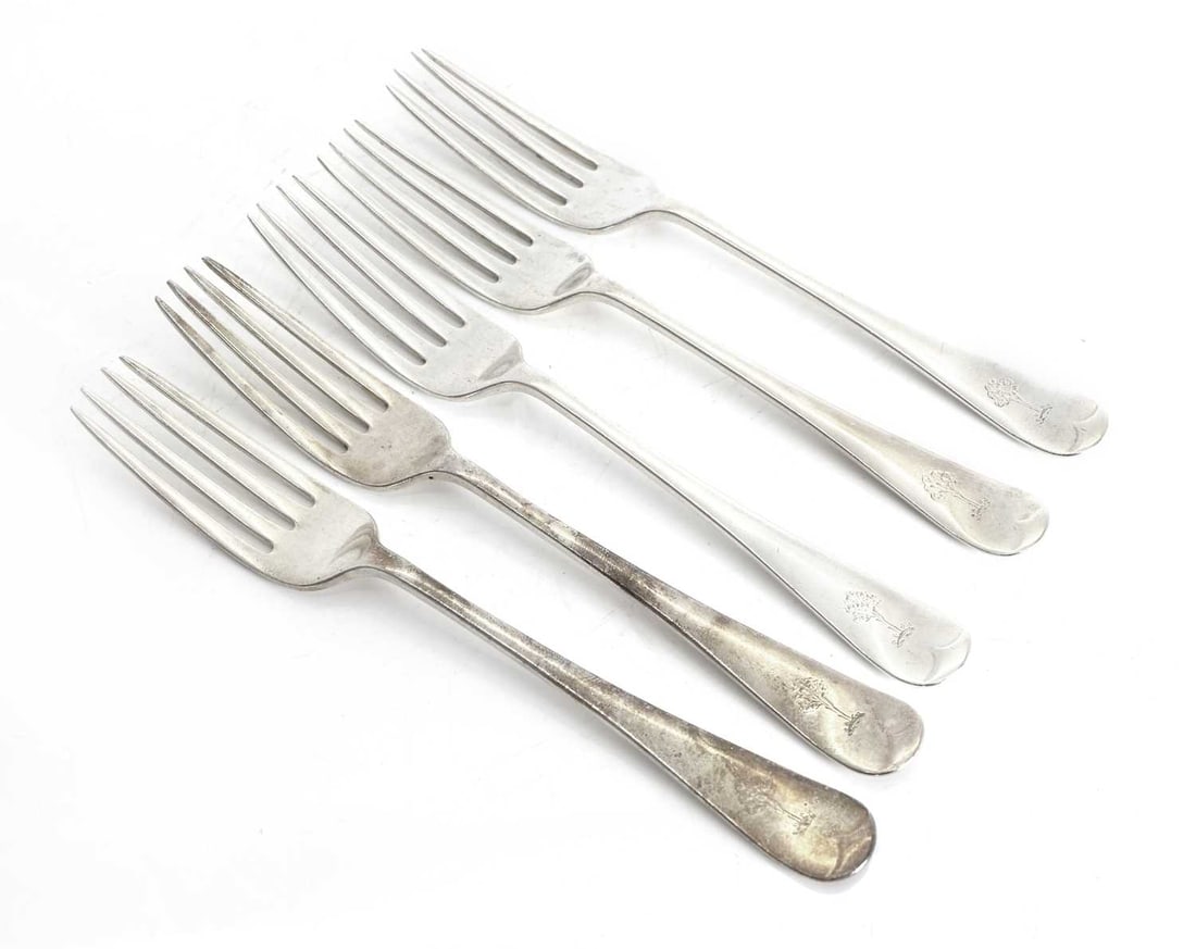 A collection seventeen Old English silver table forks, ,: A collection seventeen Old English silver table forks, , six, London 1814, and ten, London, 1858, one, London 1925, each crested, and with an inscription, and five further dessert forks, matching,