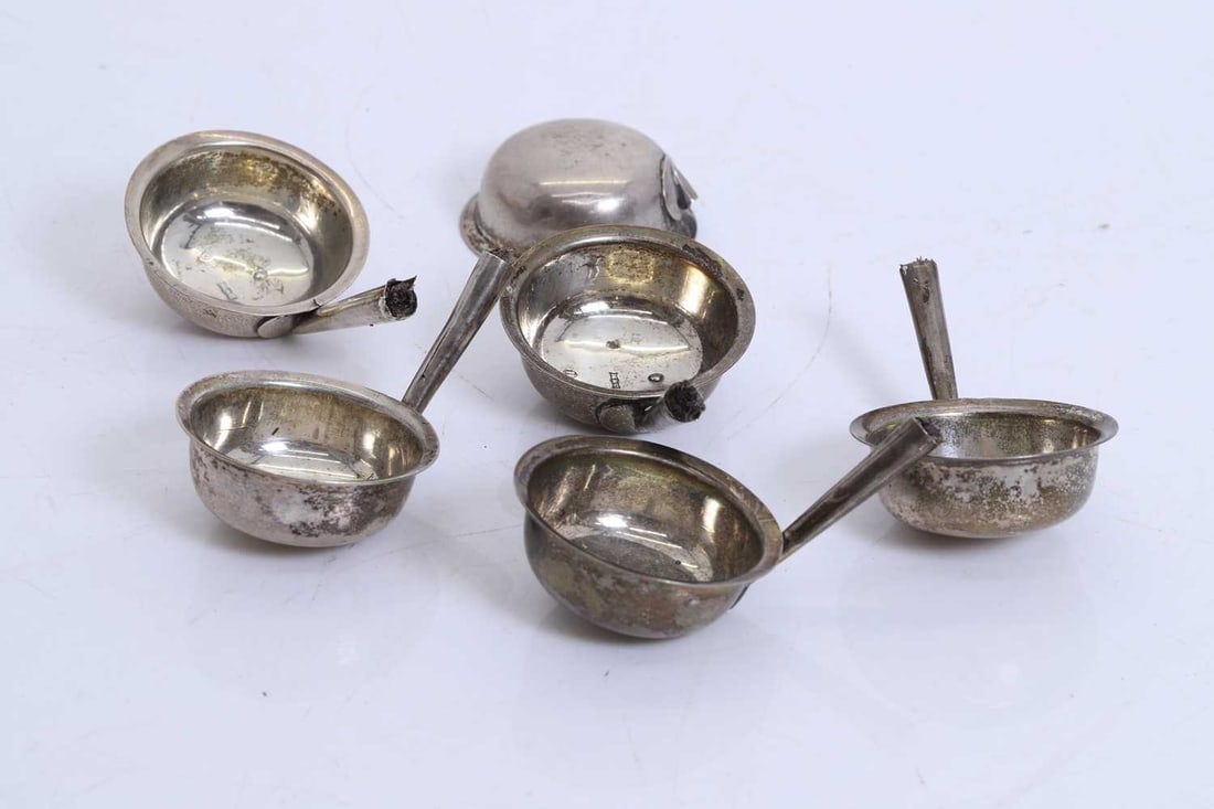 Six Scottish silver toddy ladle bowls,: Six Scottish silver toddy ladle bowls, by Mackay & Chisholm, Edinburgh, 1864, lacking handles each approx 6cm 6 Condition Report: Lacking handles, tarnished, worn and with one missing shaft