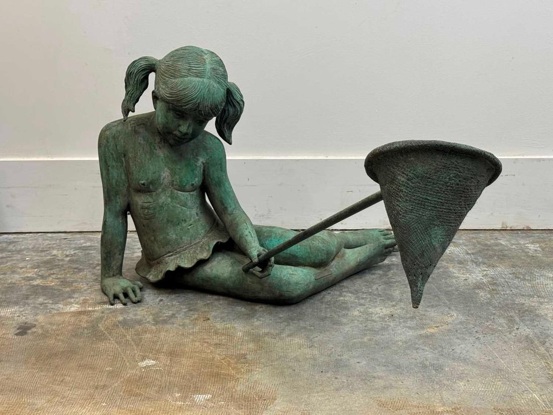 Leonardo Rossi (Italian, b.1957) Contemporary,: Leonardo Rossi (Italian, b.1957) Contemporary, a green patinated bronze figure of a girl, seated and holding a net, 72cm wide, 93cm deep, 57cm high approx 2 Condition Report: Some wear.
