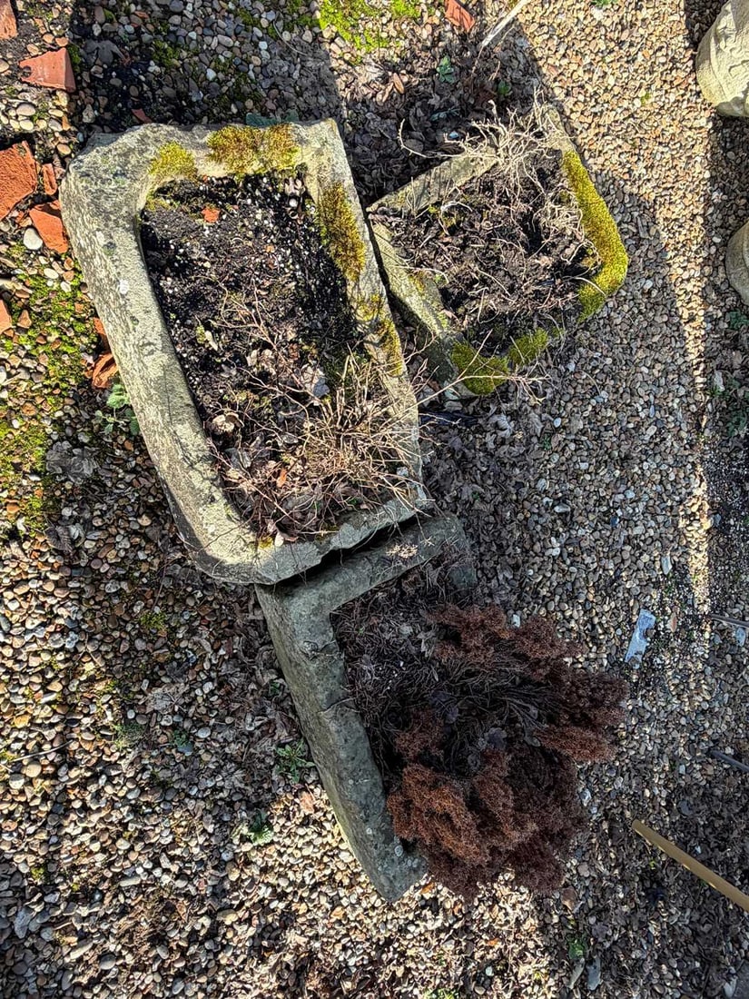 A group of three stone troughs, Early 20th century,: A group of three stone troughs, Early 20th century, of rectangular form, potted and filled with soil and plants 76cm wide 49cm deep 3 Condition Report: Worn and with weather damage