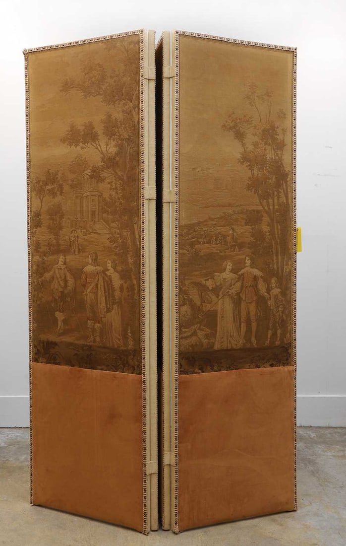 A large folding screen, 20th century,: A large folding screen, 20th century, each panel with three-quarter length machine embroidered panels, depicting 17th century figures in landscapes, bordered each panel, 65cm wide, 220cm high,