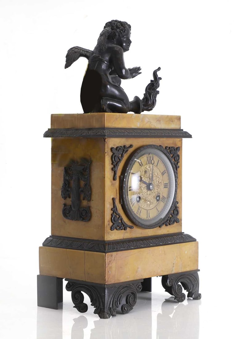 A French Empire bronze and marble cased eight day striking mantel clock, circa 1900, (1 of 1)