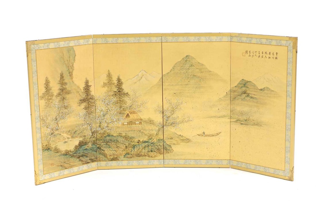 A Japanese four-panel silk screen, 20th century,: A Japanese four-panel silk screen, 20th century, painted in ink and colours depicting a continuous mountainous river landscape with pine trees and prunus, a thatched dwelling and a boat on the