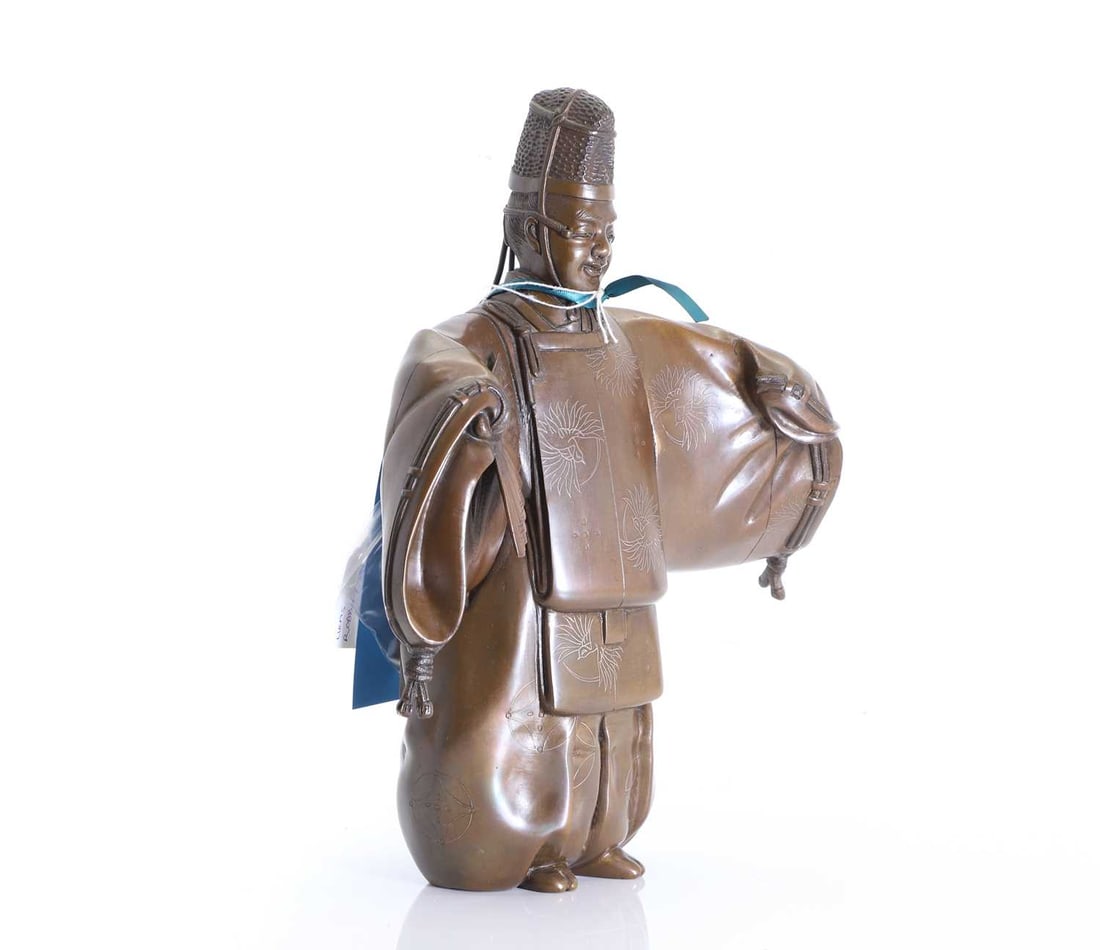 A Japanese bronze Noh actor, Meiji Period (1868-1912),: A Japanese bronze Noh actor, Meiji Period (1868-1912), signed 'Matsumori', the cloak inlaid with bird mon, holding a fan, with a detachable mask 28cm wide, 14cm deep, 32cm high Condition Report:
