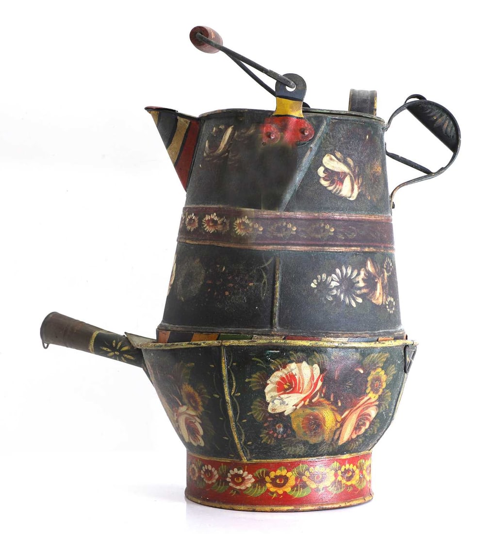 A Bargeware painted metal bucket and ladle, early 20th century,: A Bargeware painted metal bucket and ladle, early 20th century, each painted with flowers bucket, 45cm high, to top of handle, ladle, 48.5cm wide 2 Condition Report: Some chips and wear to the