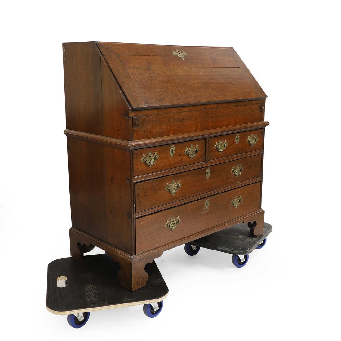 A George III mahogany bureau,: A George III mahogany bureau, with two short drawers and two long drawers with a reading ledge, on bracket feet 95cm wide, 50cm deep, 103cm high 1