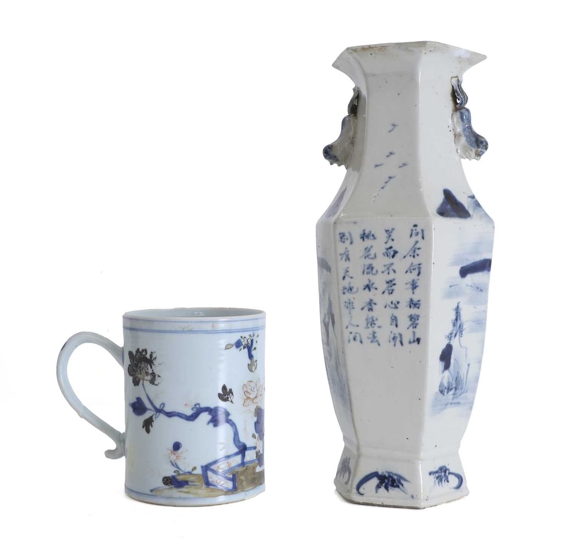 Two Chinese blue and white ceramics, 18th century,: Two Chinese blue and white ceramics, 18th century, a Chinese blue and white tankard, Nankin Cargo, decorated with a garden scene, with a label to the base, and a Chinese blue and white hexagonal
