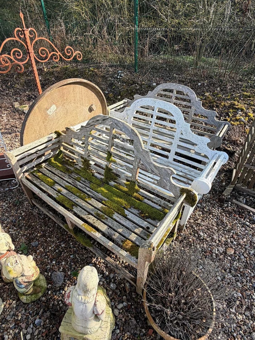 A group of three Lutyens style benches, Of recent manufacture,: A group of three Lutyens style benches, Of recent manufacture, with outscrolled arms, slatted backs and bases, two unfinished and one painted white, one bearing the badge of 'lindsey plantation