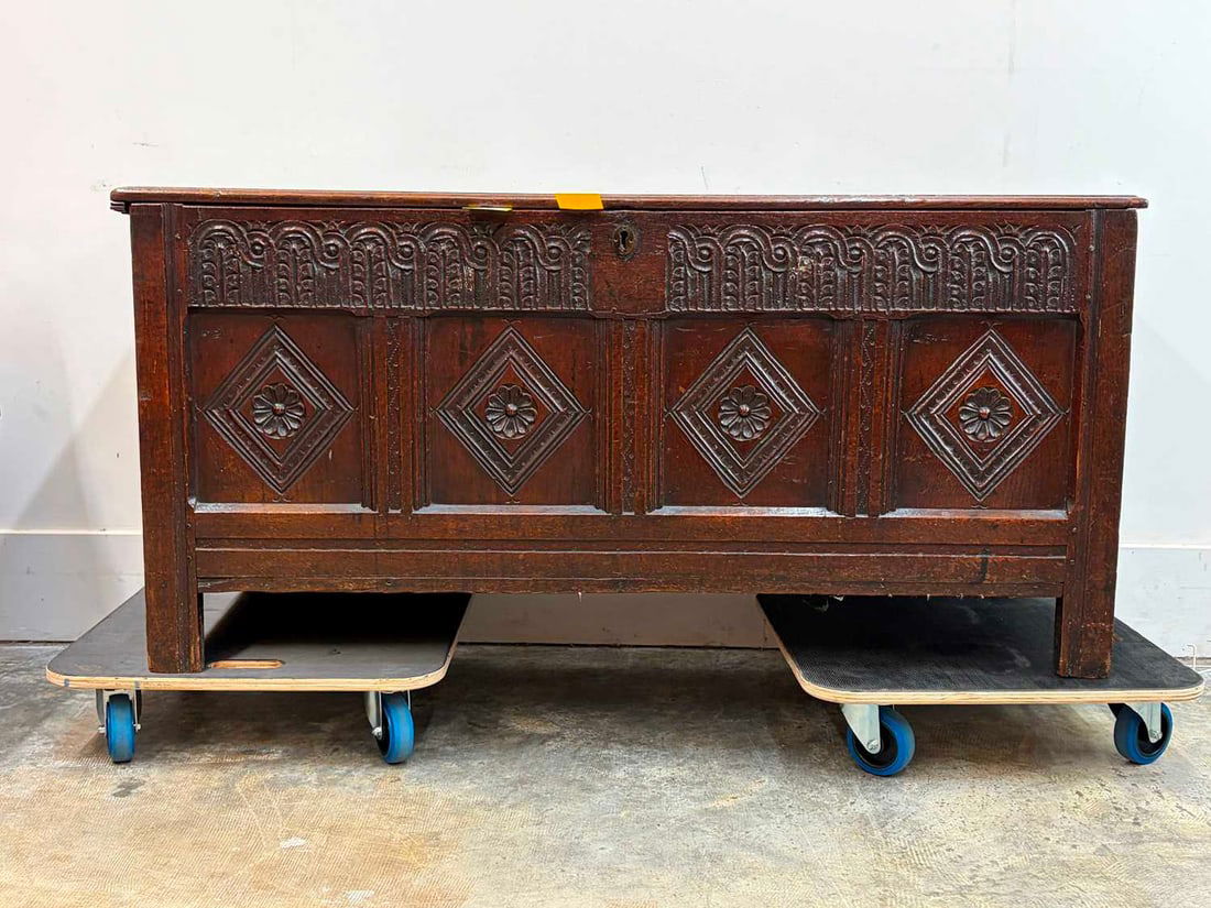 An oak coffer, 17th century, (1 of 3)