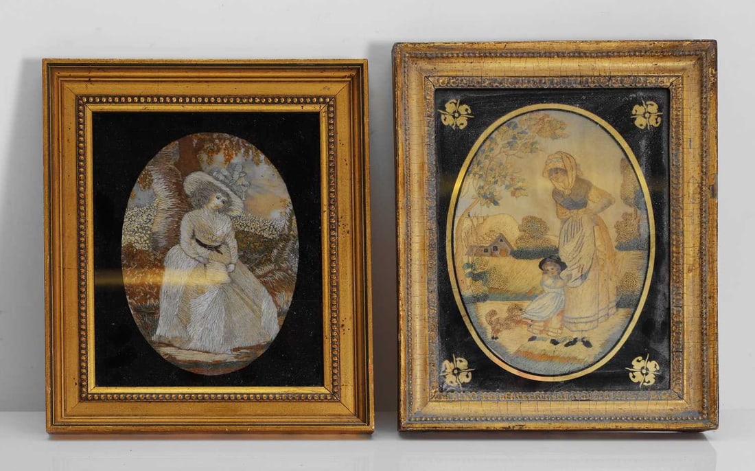 Two Regency silk work pictures, 19th century,: Two Regency silk work pictures, 19th century, each depicting a lady, one with a child and a dog, in verre églomisé mounts and gilt frames 28 x 22.5cm and 27 x 22.5cm 2 Condition