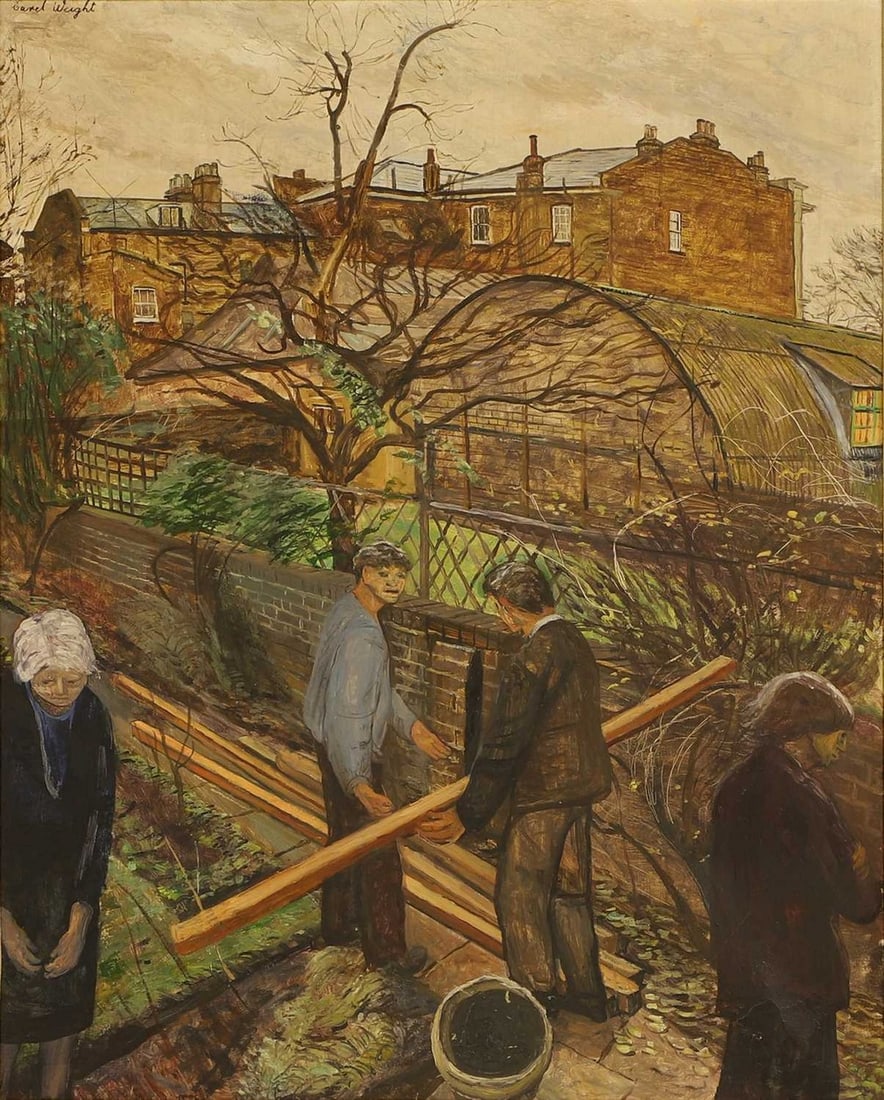 ▲ Carel Weight CH RA (British, 1908-1997) 'The Builders': ▲ Carel Weight CH RA (British, 1908-1997) 'The Builders' signed 'Carel Weight' u.l., inscribed 'View from Weight's Bedroom Window/33 Spencer Rd/Clapham, SW18 2SP' and dated '1969' verso, oil on