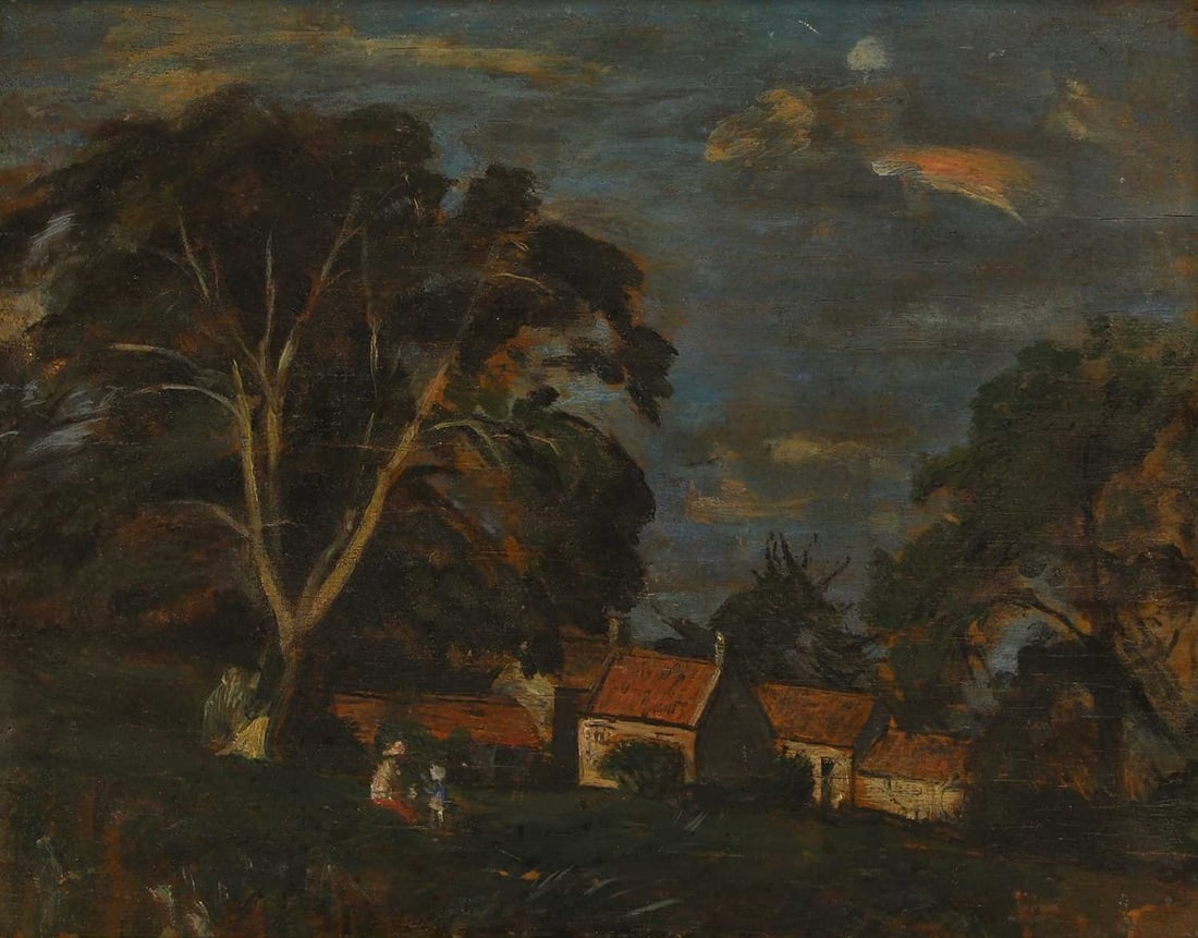 ▲ Carel Weight CH RA (British, 1908-1997) A Somerset landscape: ▲ Carel Weight CH RA (British, 1908-1997) A Somerset landscape with a label signed 'Carel Weight' and inscribed 'No. 26' attached verso, oil on board (35 x 45cm; framed: 46 x 55.5cm) Proven