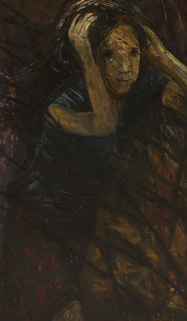 ▲ Carel Weight CH RA (British, 1908-1997) Girl with raised arms: ▲ Carel Weight CH RA (British, 1908-1997) Girl with raised arms signed 'Carel Weight' l.r., oil on canvas laid on board (51 x 29cm; framed: 63 x 41cm) Condition Report: Surface dust and dirt how