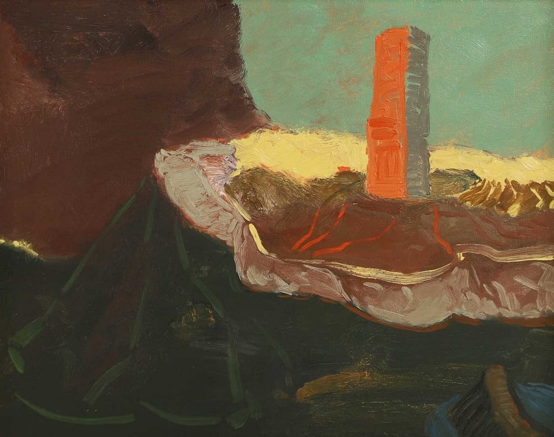 ▲ Maurice Cockrill RA (British, 1936-2013) 'Landslip and Beacon': ▲ Maurice Cockrill RA (British, 1936-2013) 'Landslip and Beacon' signed and dated 'Maurice Cockrill', dated '1989' and inscribed with title verso, oil on canvas (40.5 x 50.5cm; framed 48.5 x 58.