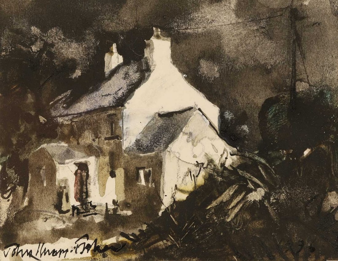 ▲ John Knapp-Fisher (British, 1931-2015) ‘North Pembrokeshire Cottage’, 1996: ▲ John Knapp-Fisher (British, 1931-2015) ‘North Pembrokeshire Cottage’, 1996 signed 'John Knapp-Fisher' l.l., also signed, inscribed and dated on label verso, mixed media (6.5 x 8.5c